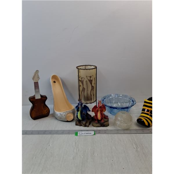 Guitar Bottle, High Heel Decoration, (2) Dragon Figurine, Blue Bowl,