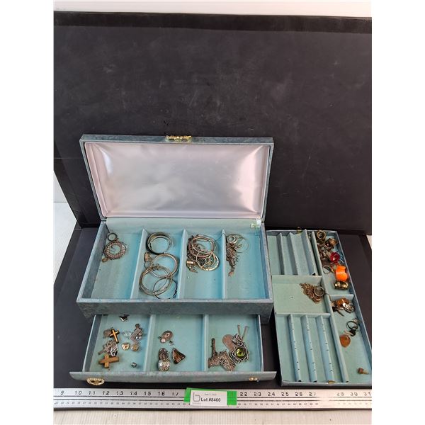Vintage Jewelry Box, Crosses, Necklace Pendants, Bracelets, Earrings, Rings, Cufflinks