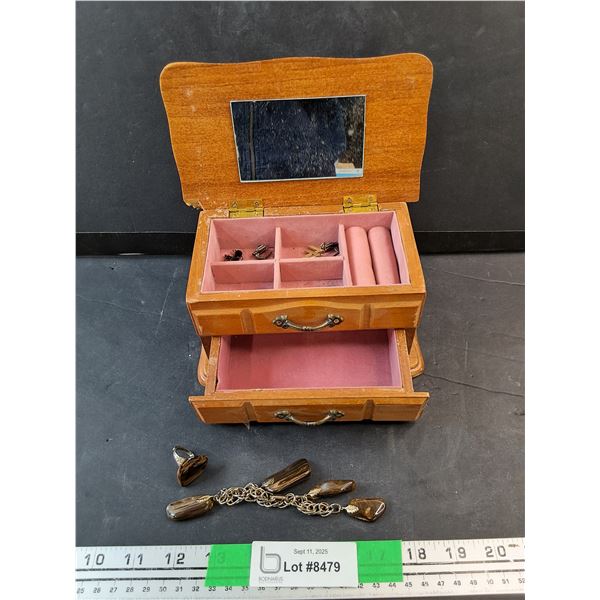 Vintage Wooden Jewelry Box, Bracelet, Ring, Earrings