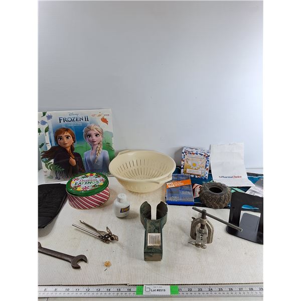 Box of Miscellaneous,  Wrench, Can Opener, Calendar