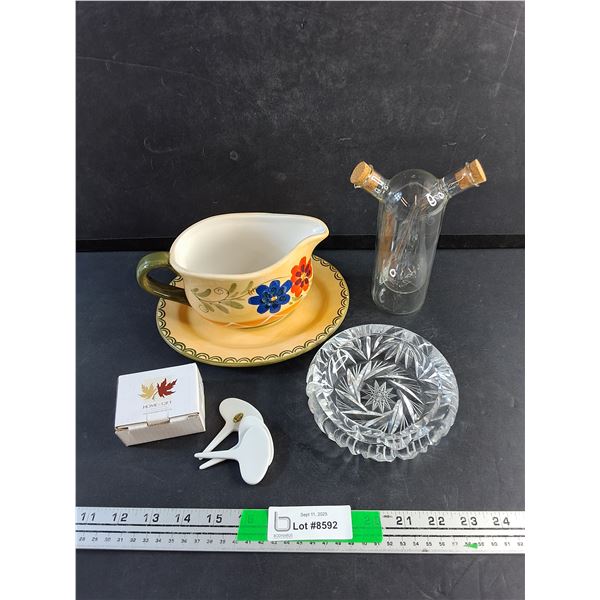 Stone Light Ceramic Gravy Boat, Oil & Vinegar Bottle, Crystal Ash Tray, Charcuterie Board Cheese Pin