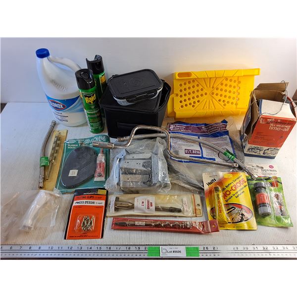 Raid Spray, Bleach, Miter Box, Pack Fitness Food Containers, Drill Bits, Rubber Soles, Misc