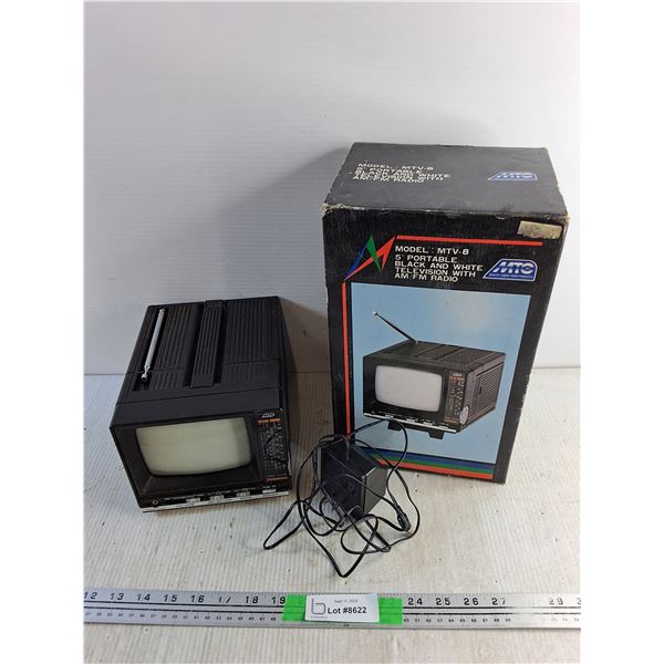 Vintage MTV 5" Portable Black & White Television with AM/ FM Radio - Powers On, As Is