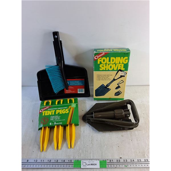 23" Folding Shovel, Duster & Dustpan, Tent Pegs