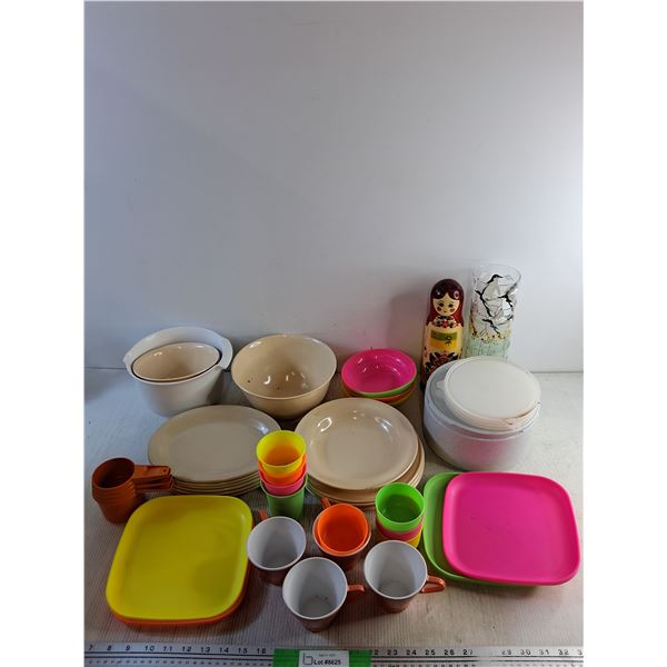 Tupperware Measuring Scoops, Plates, Duraware Bowls, Serving Plates, SK Stacking Doll, Plastic Cups
