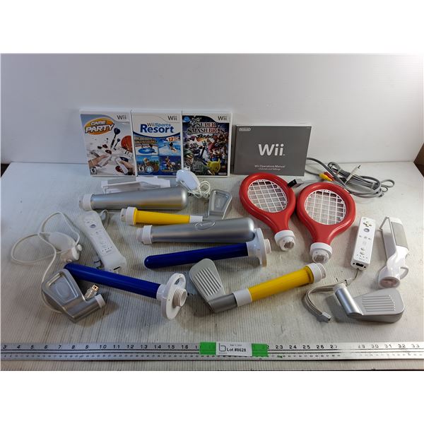 (3) Nintendo Wii Games - Game Party, Sports Resort, Super Smash Bros, Various Wii Controllers