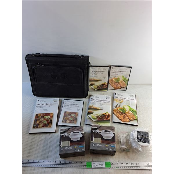 DTI Briefcase, The Everyday Gourmet DVDs & Books, (2) Solar Eavestrough Lights - As Is