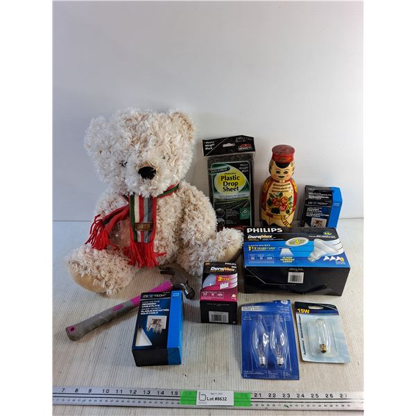 Plush Bear, Hammer, Low Voltage Recessed Cable Plates, Light Bulbs, Plastic Drop Sheet, Slavic Doll