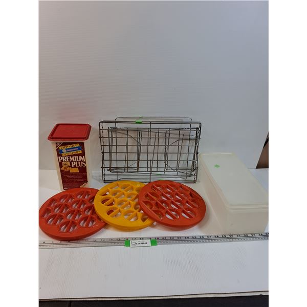 (3) Perogy Maker Plates, Tupperware Storage Container, Cracker Container, Cooling Racks