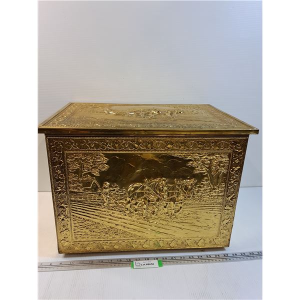 * Brass Hammered Art on Wooden Storage Box - 14' x 20" x 15" - PICK UP