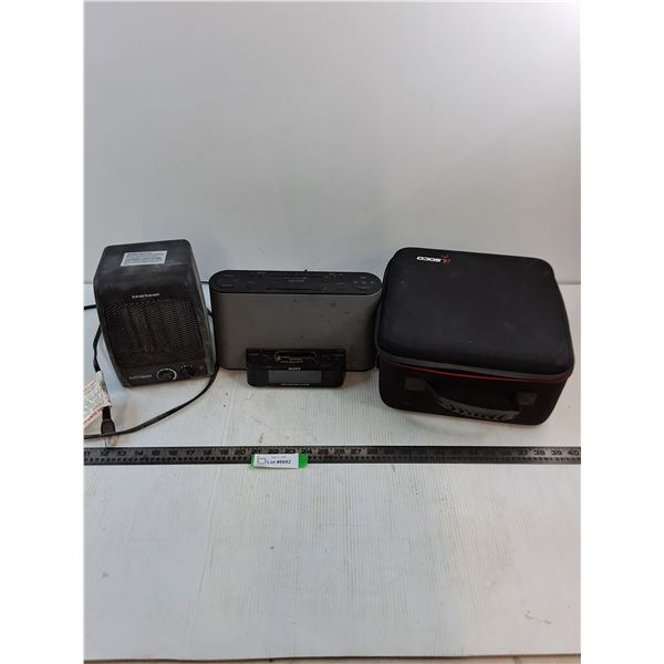 Electrimart Space Heater - Powers On, Sony Dock Radio - Powers On, RL Soco Storage Tote