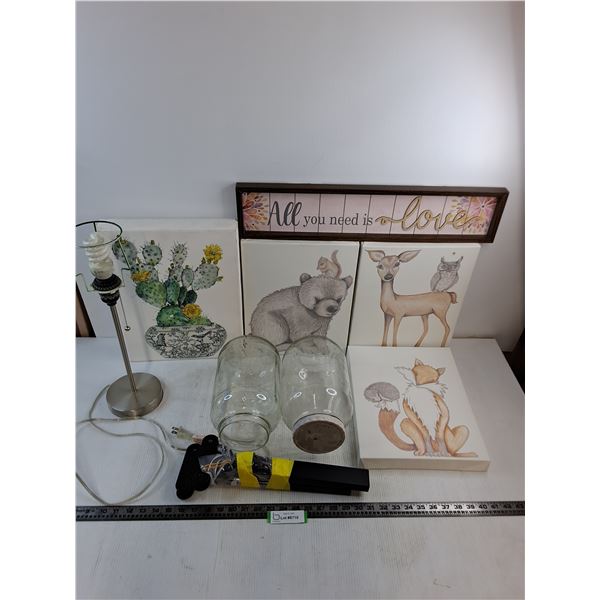 Table Lamp - Tested, (5) Wall Art/Expression - Largest 16" x 12", Glass Jars, Metal Brackets