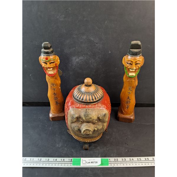 (2) Carved Wood Chinese Totems, Ceramic Pig Jar(Not for Food Use)