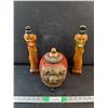 Image 1 : (2) Carved Wood Chinese Totems, Ceramic Pig Jar(Not for Food Use)