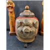 Image 2 : (2) Carved Wood Chinese Totems, Ceramic Pig Jar(Not for Food Use)