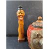Image 3 : (2) Carved Wood Chinese Totems, Ceramic Pig Jar(Not for Food Use)