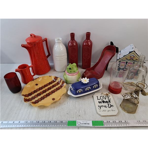Mixed Decorative Lot - Ceramics, Glassware, Butter Dish, Tea Candle Holder, Plastic Cups