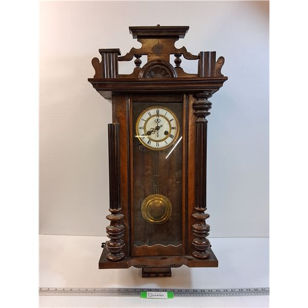 Antique Vienna Style Wall Clock Has Key - 16" x 33" x 7" - Some Wear, As Is - CANNOT SHIP