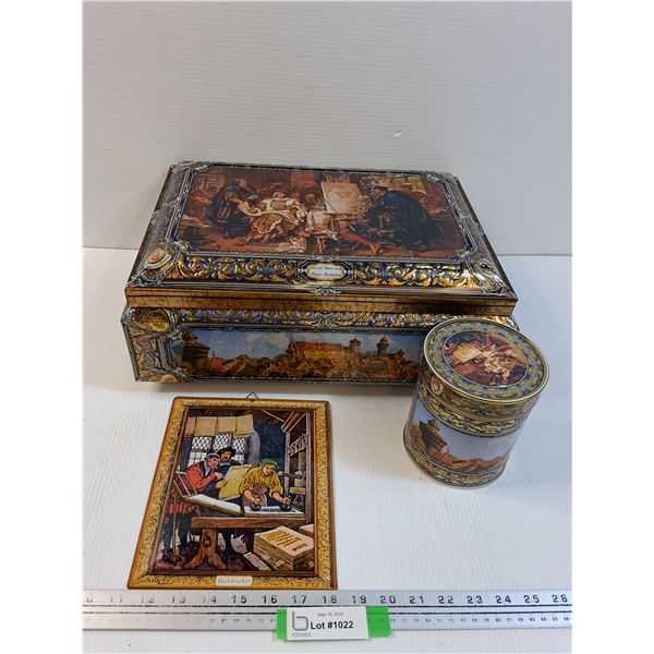 (3) German Themed Tin Storage Containers & Wall Sign - Assorted Sizes