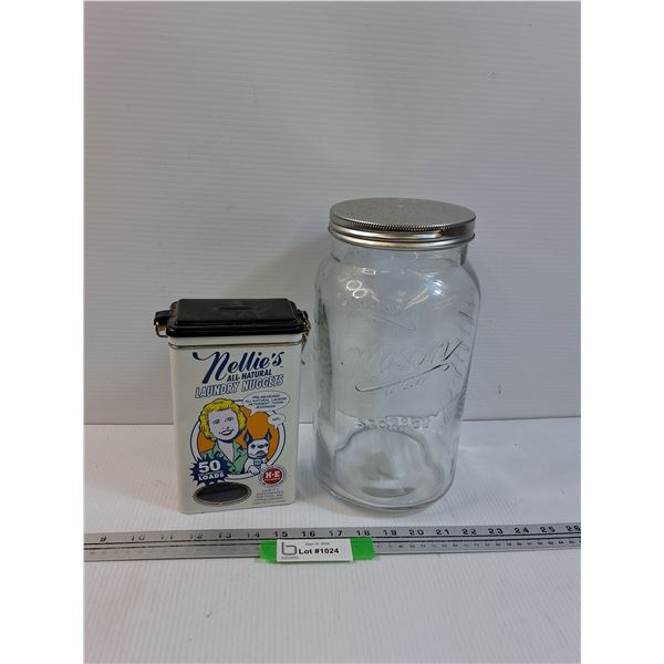 Mason Storage Glass Jar 11" Tall, Nellie's Laundry Nuggets Tin - 8" Tall