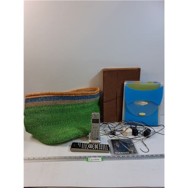 African Woven Basket & Office Filing, Toshiba TV Remote, Panasonic Cordless Telephone, Misc