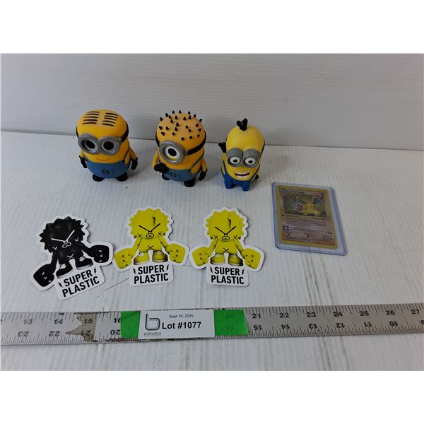 (3) Minions Figurines, Charizard Pokemon Card- Cannot Authenticate & Stickers