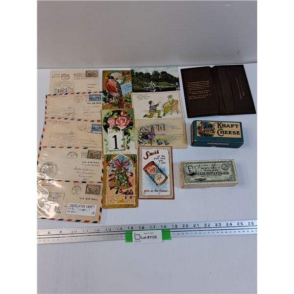 Various Vintage Postcards (1920's- 1940's) Kraft Cheese Vintage Box w/ Stamps & Gillette Razor Vinta