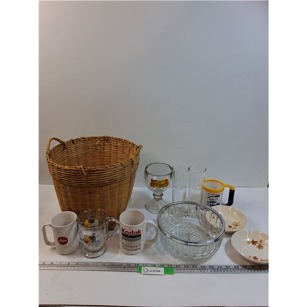 Woven Basket w/Mugs, Glasses, & Bowls