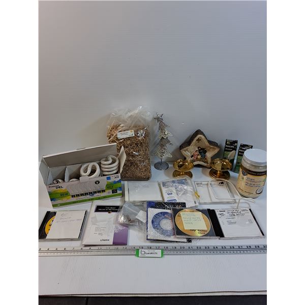 Lot: Light Bulbs, Coconut Oil, Sage, Candle Holders, Navtivity Scene, Misc