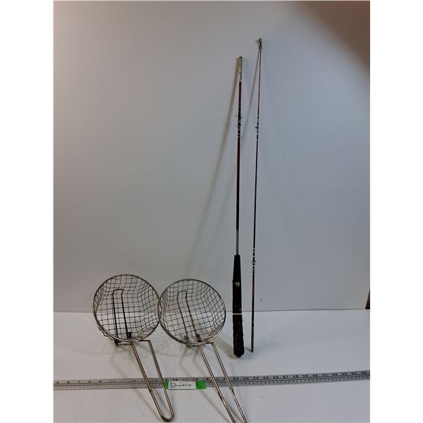 Laurentides Vintage Fishing Rod and (2) Metal Frying Baskets with Handles