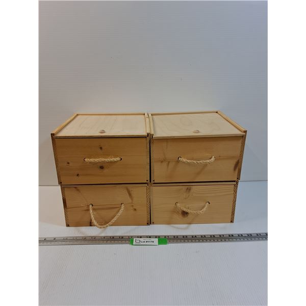 (4) Stackable Wooden Boxes w/Sliding Lid & Jute Handle - 9.5" x 6" x 9.5" Each
