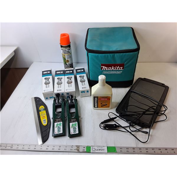 Makita Storage Bag, (4) P.O. Lavatory Drains, Car Charging Solar Panel, Misc.