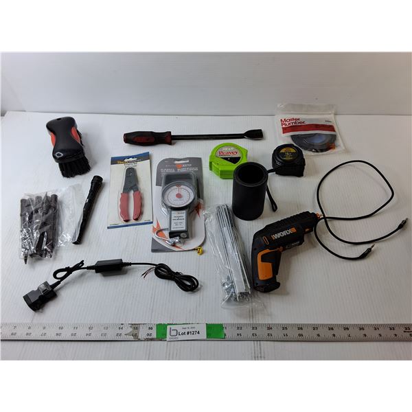 Crimping Tool, (3) Tape Measures, Worx Cordless Driver- Working, Misc.