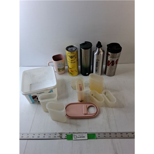 (5) Water Bottles/Mugs- Starbucks, Harley Davidson, Misc.,  Plastic Containers