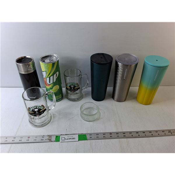 (2) Sask Grey Cup Mugs, (5) Waterbottles/ Travel Mugs- Starbucks, 7Up