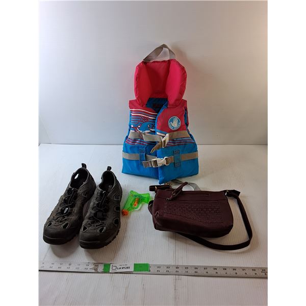 Leather Purse, Infant Lifejacket, Men's Sandals- 9.5