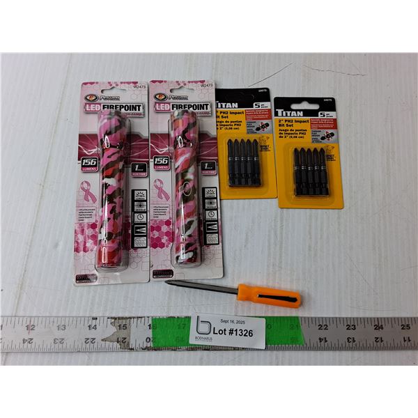 (2) Flashlights, (2) Impact Bit Sets- Sealed, Double Screwdriver