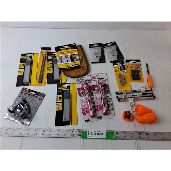 (2) Flashlights, Oil Filter Wrench, Impact Bit Set- Sealed, Misc.