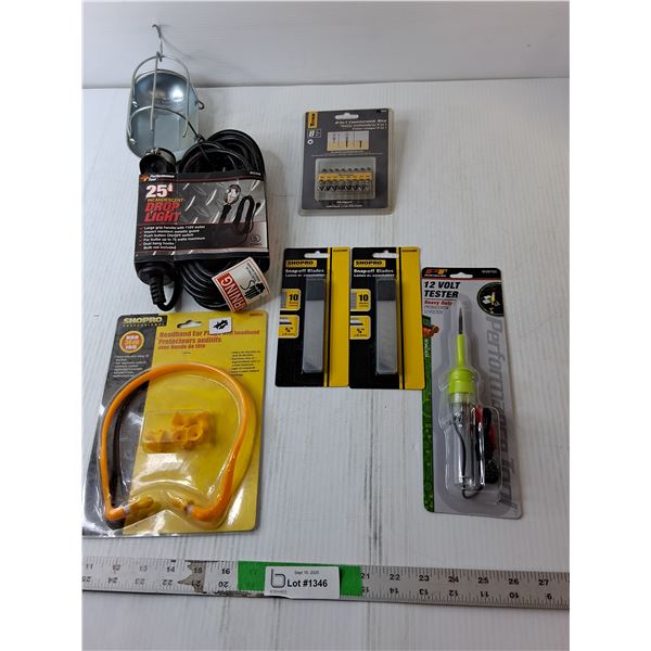 Drop Light, 12 Volt Tester, Countersink Bits, Misc.