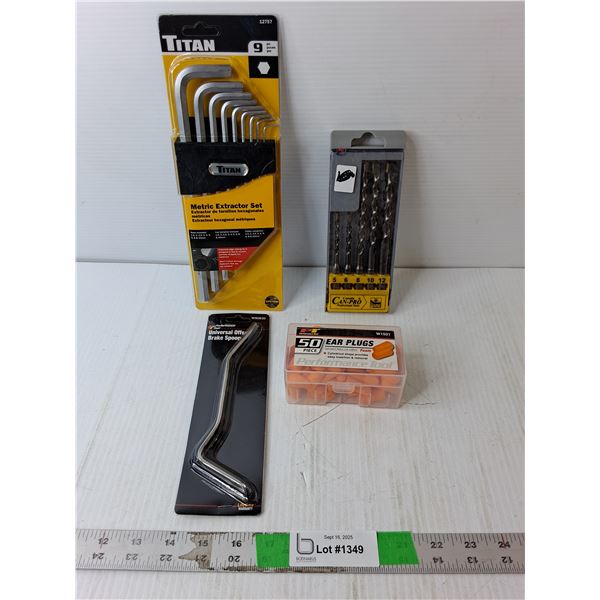 Drill Bits, Metric Extractor Set, Ear Plugs, Brake Spoon