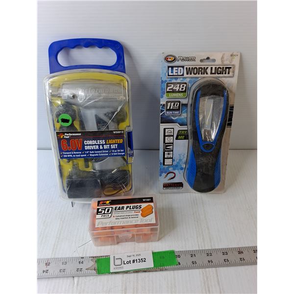 6V Cordless Lighted Driver & Bit Set, LED Work Light, Earplugs- All Appear New