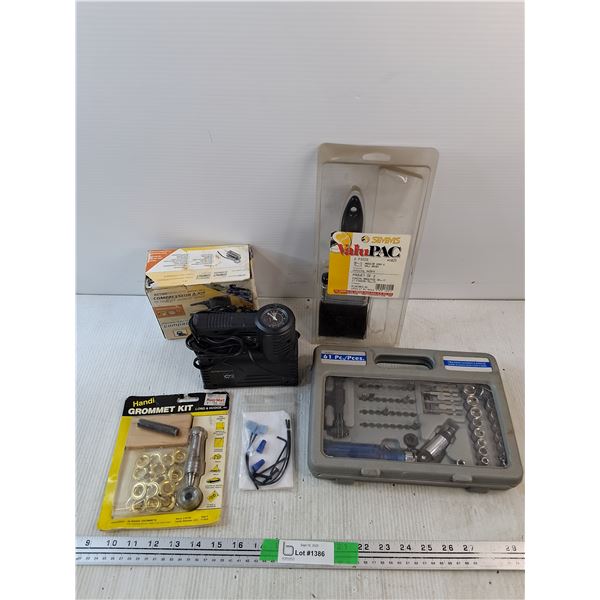 3 Way Ratchet Screwdriver & Socket Set - Incomplete, 12V Air Compressor, Paint Brush, Grommet Kit