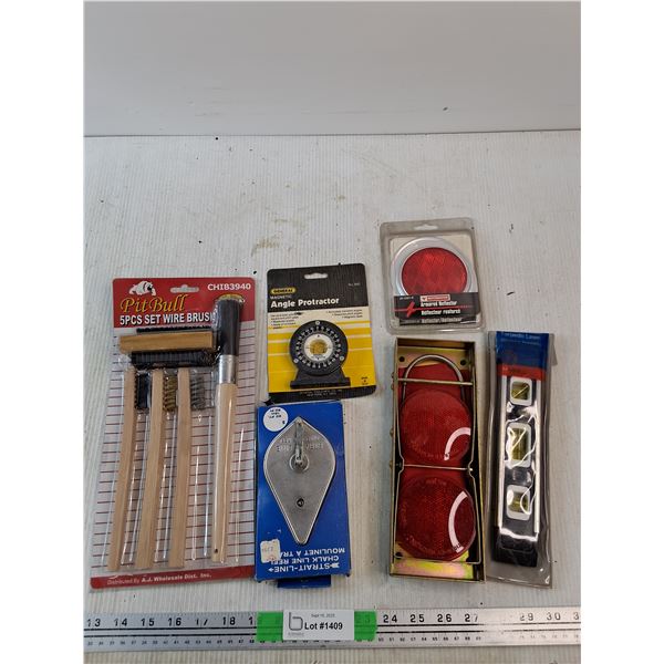 Wire Brush Set, Angle Protractor, Chalk Line, Torpedo Level, Reflectors