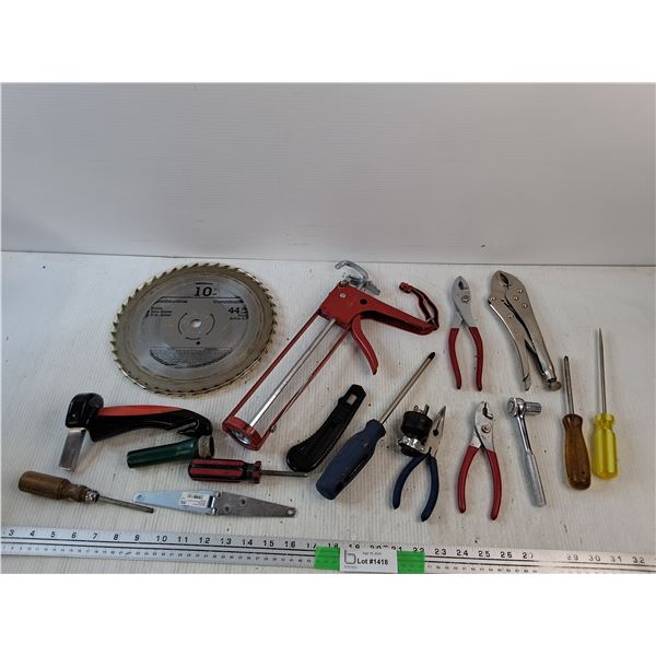 Tooth Saw Blade, Screwdrivers, Caulking Gun, Box Cutter, Vise Grips, Pliers, Ratchet Wrench