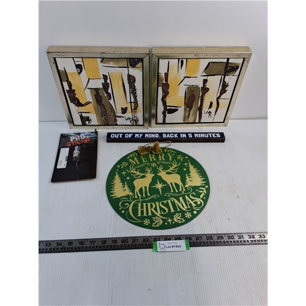 Pair of Metal-Framed 11" x 11" Wall Art, Desk Sign, Christmas Wall Decor, Pro Stick