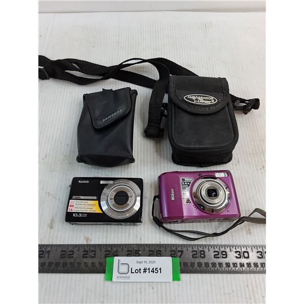 (2) Digital Cameras (Kodak 10.3 & Nikon Coolpix L19), (2) Camera Totes