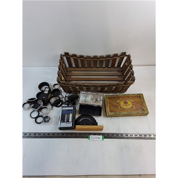 Wooden Basket, Empty Cigar Box, Vintage Clock/Radio, Sony Walkman, Camera Parts