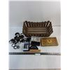 Image 1 : Wooden Basket, Empty Cigar Box, Vintage Clock/Radio, Sony Walkman, Camera Parts