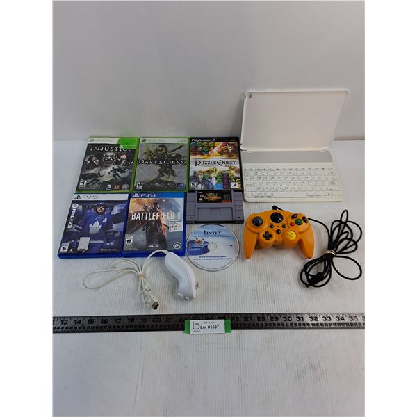 (7) Video Games/Instruction Video (XBox, PS2, PS4, PS5), Game Controllers, Tablet Keyboard