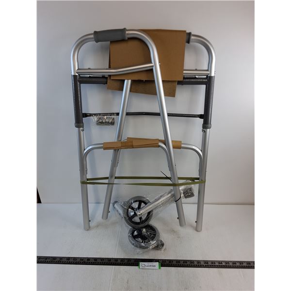 Medline 2-Button Folding Walker with Wheels (5" Height Adjust) - Unused - PICK UP